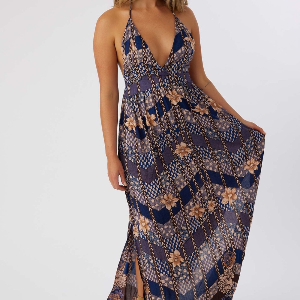 O'Neill Blue and Green Tiered Ruffled Halter Maxi Dress - Picture 2 of 6